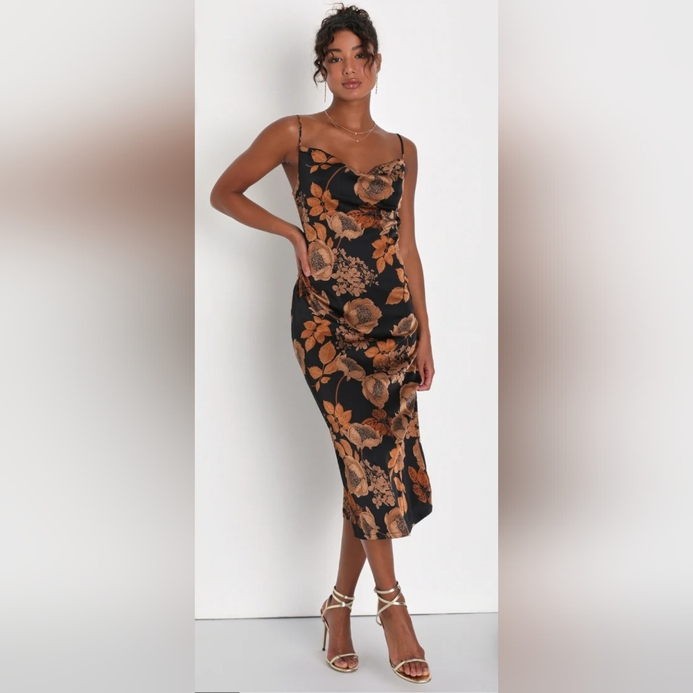 Lulu's Cowl Neck Black Floral Midi Dress